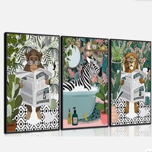 NWT No Label 3Pcs Jungle Animal Bathroom Wall Art Wall Decor Unframed